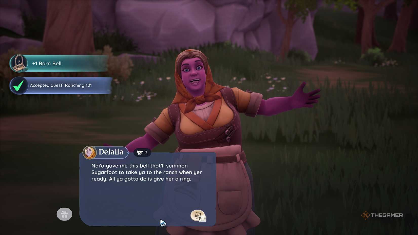 Palia Delilah telling you how to use the Barn Bell to reach the ranch.