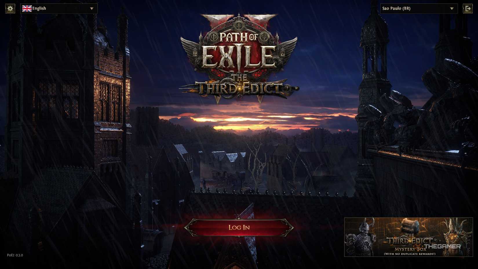 The main menu of Path of Exile 2, before loggin in.