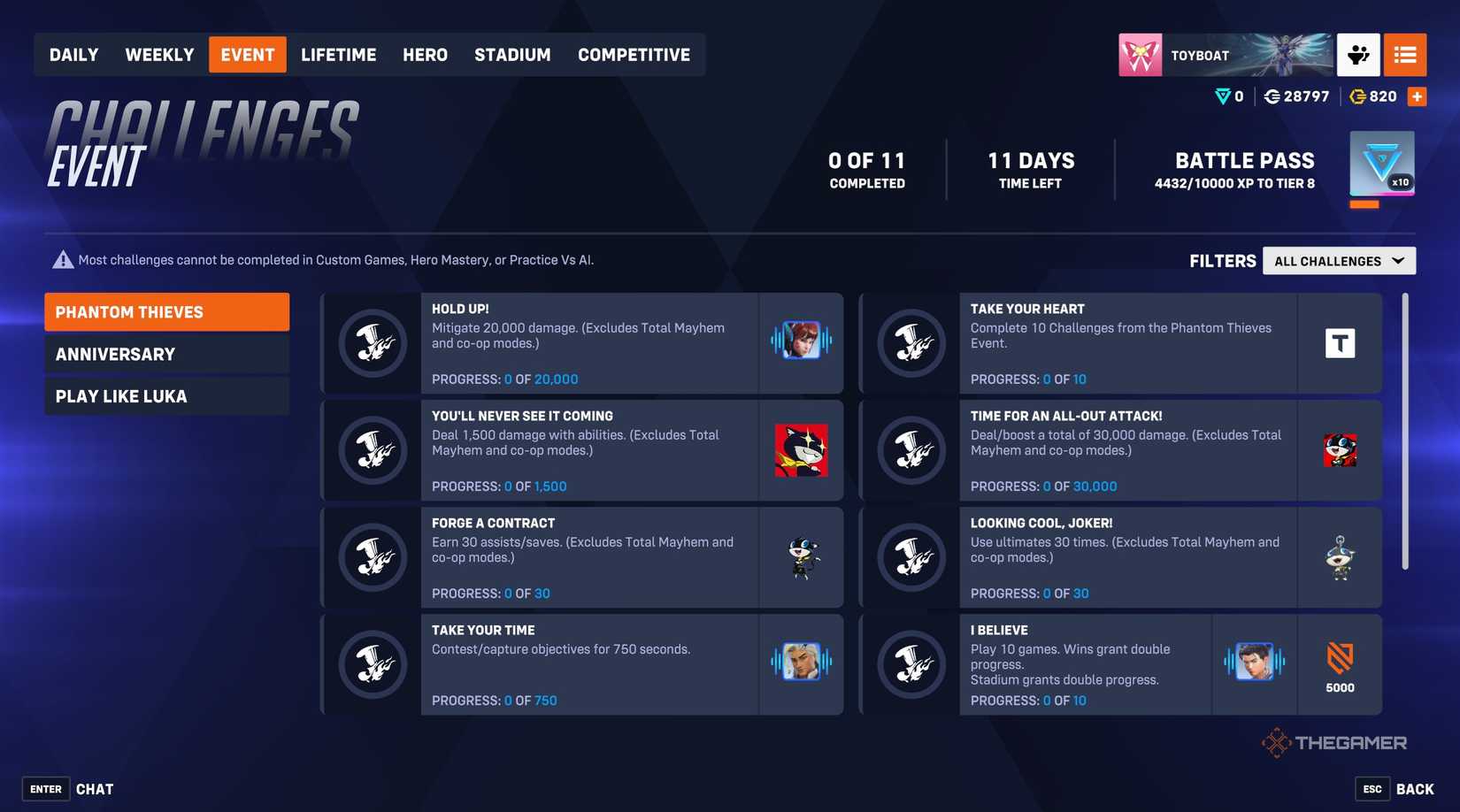 Phanton Thieves event screen pop-up showing challenges in Overwatch 2.