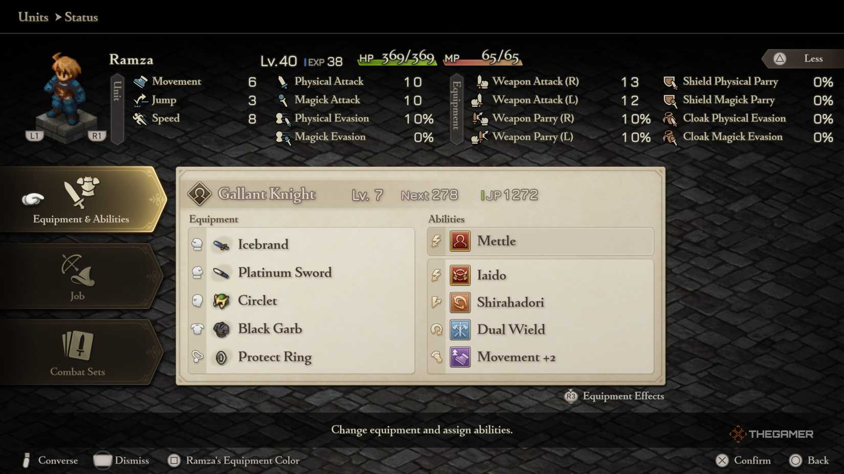Ramza's detailed stat screen in Final Fantasy Tactics The Ivalice Chronicles.