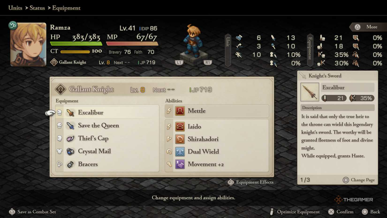 Ramza's stat menu in Final Fantasy Tactics The Ivalice Chronicles.
