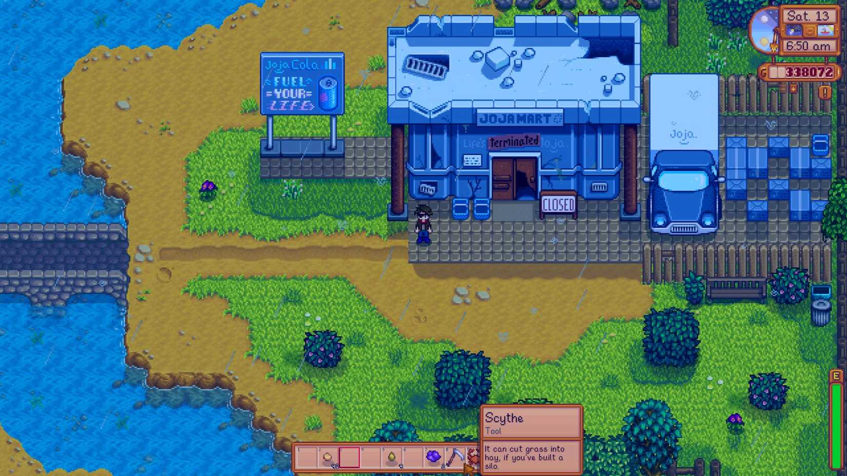 stardew valley - abandoned joja mart screenshot with NPC standing in front of building