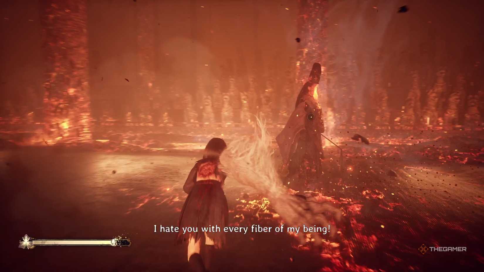 Hinako prepares to strike a flaming Rinko in Silent Hill f. 