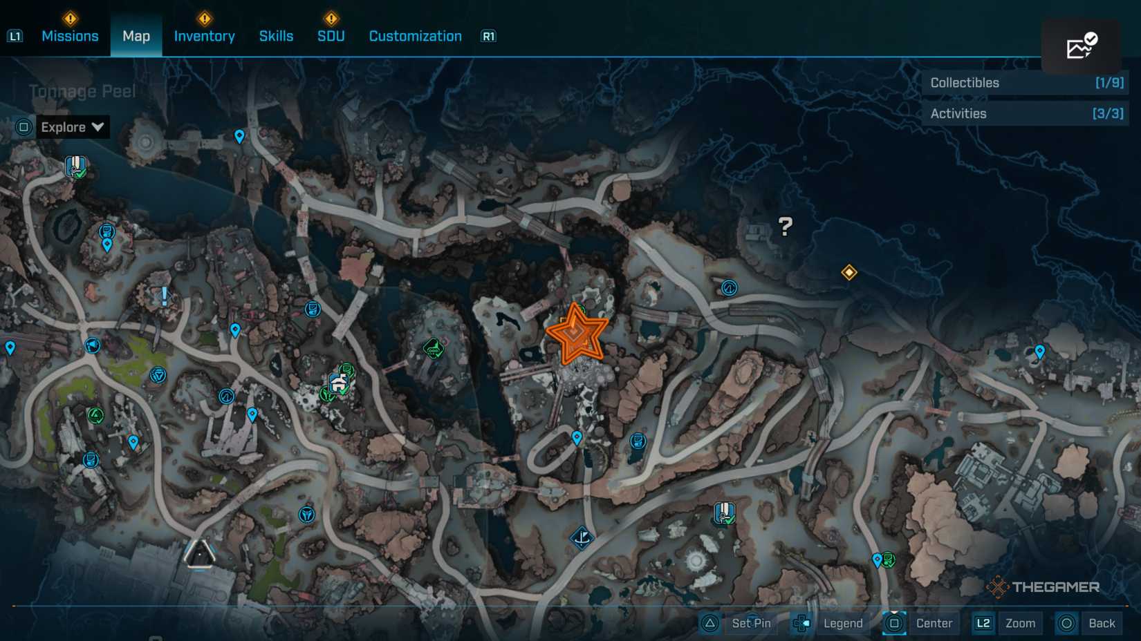 Close up of a map of the upper middle part of Carcadia Burns with an orange star edited onto Sketch Calhoun's location in Borderlands 4.