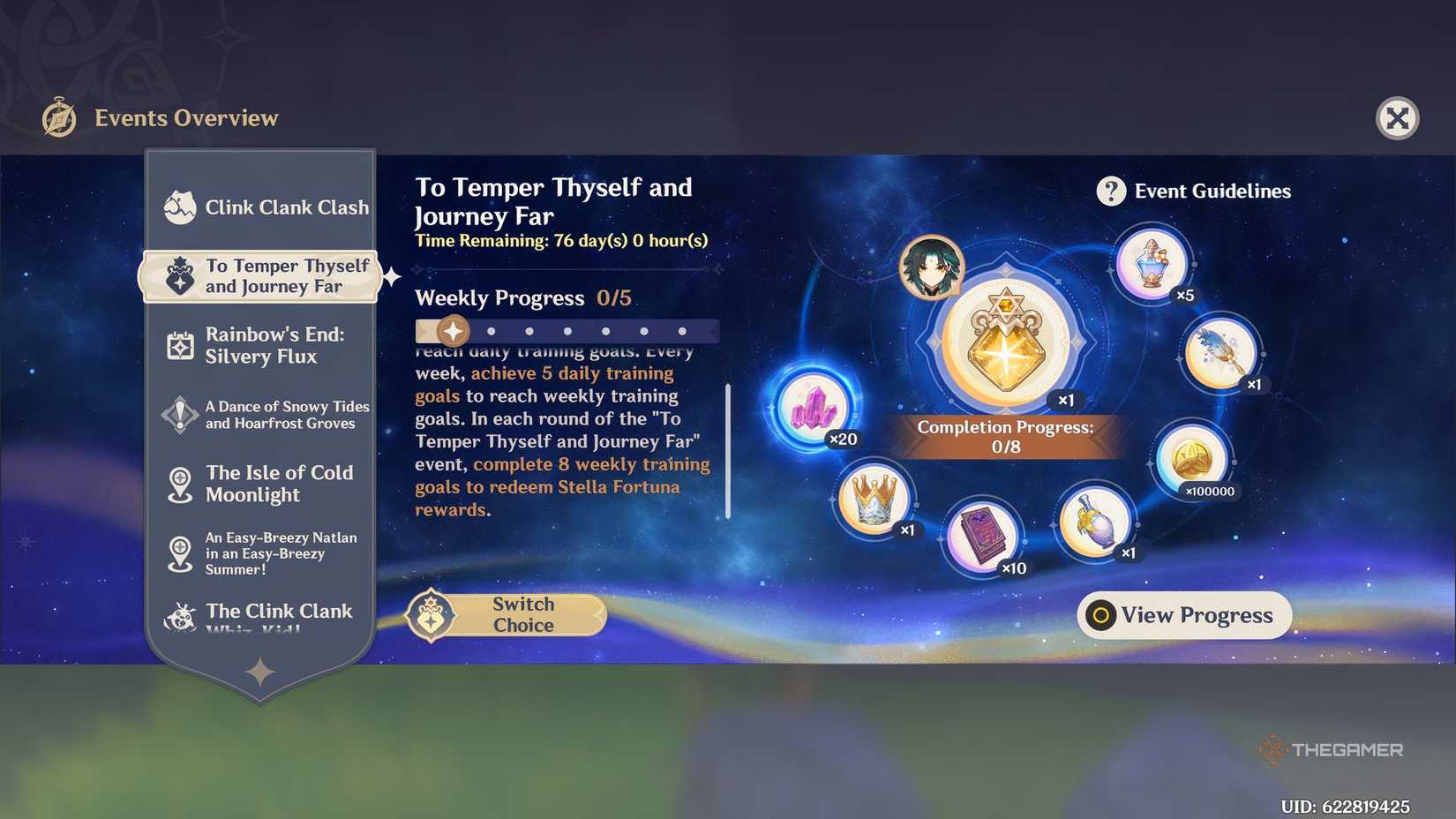 The Temper Thyself and Journey Far menu is shown in Genshin Impact.