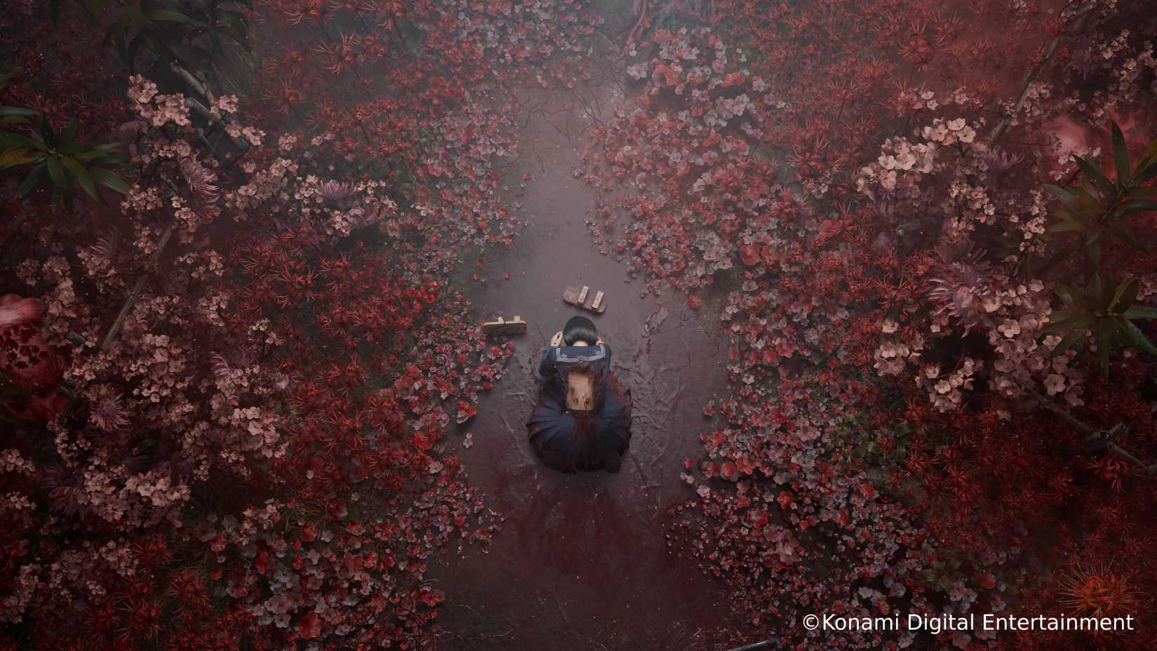 The protagonist of Silent Hill f bending her knees and looking down in a place full of flowers.