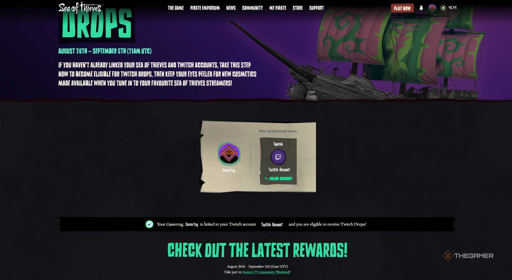 Sea of Thieves website for Twitch Drops and Linking your Accounts.