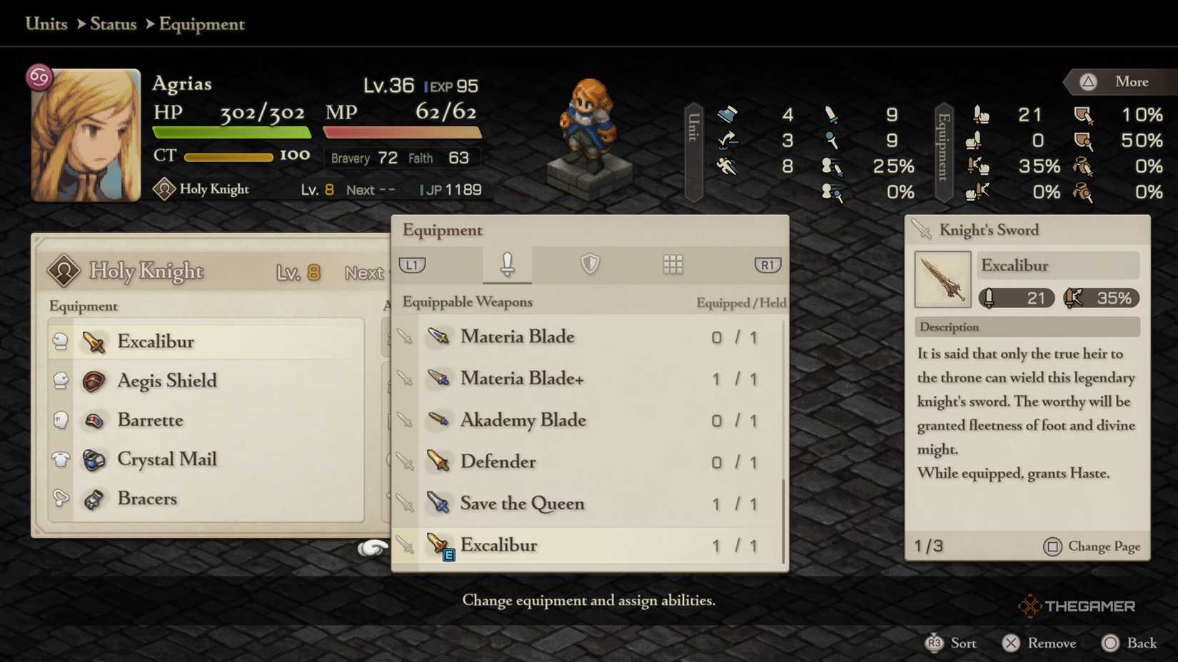 Selecting a sword for Agrias in Final Fantasy Tactics The Ivalice Chronicles.