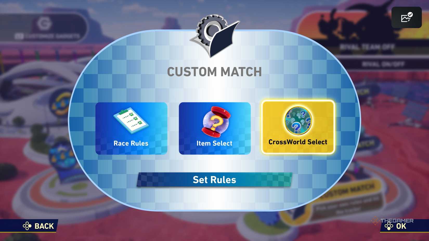 Setting rules in a custom match in Sonic Racing CrossWorlds.