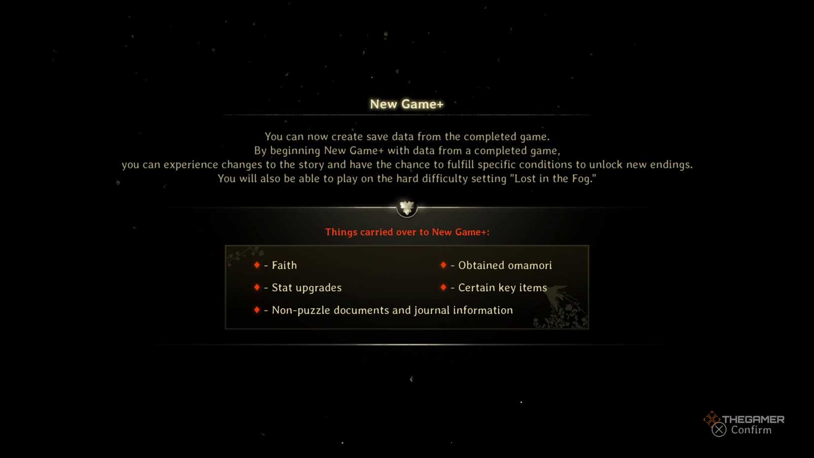 New Game Plus Unlock Screen in Silent Hill f. 