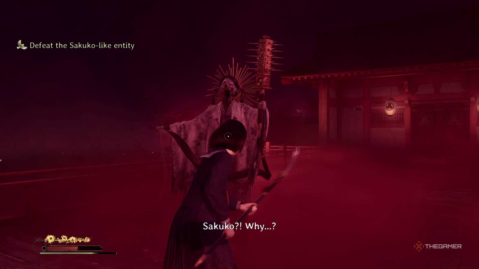 Hinako slices Sakuko with her spear in Silent Hill f. 