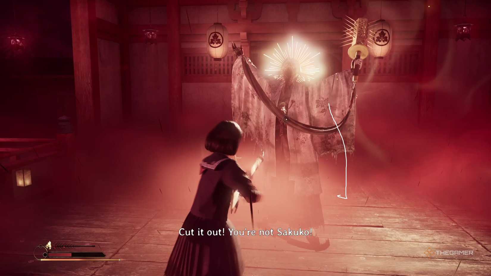 Hinako deals the final blow to Sakuko in Silent Hill f. 