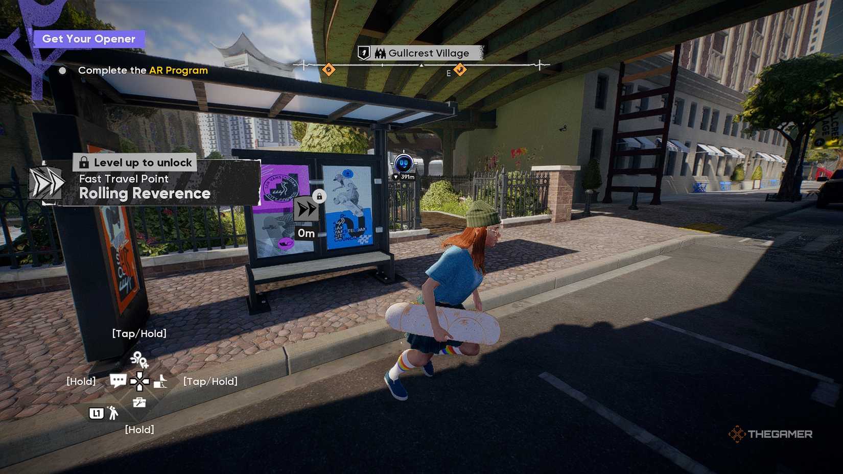 A woman running with a skateboard by a bus stop.