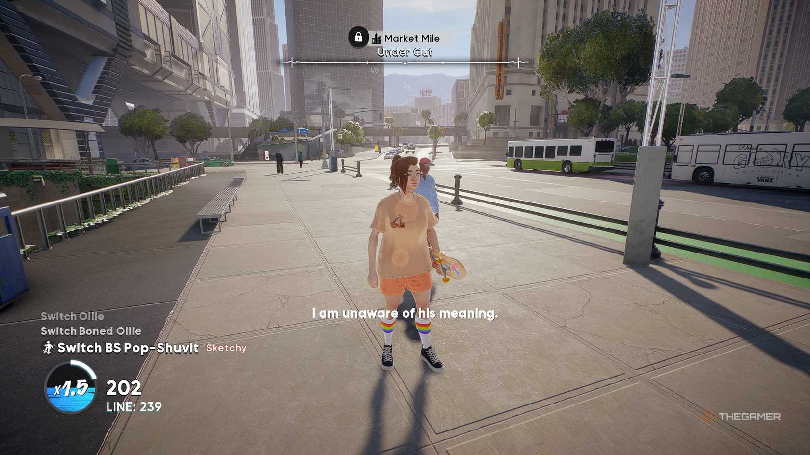 A woman standing in orange with text that says 'I am unaware of his meaning.'