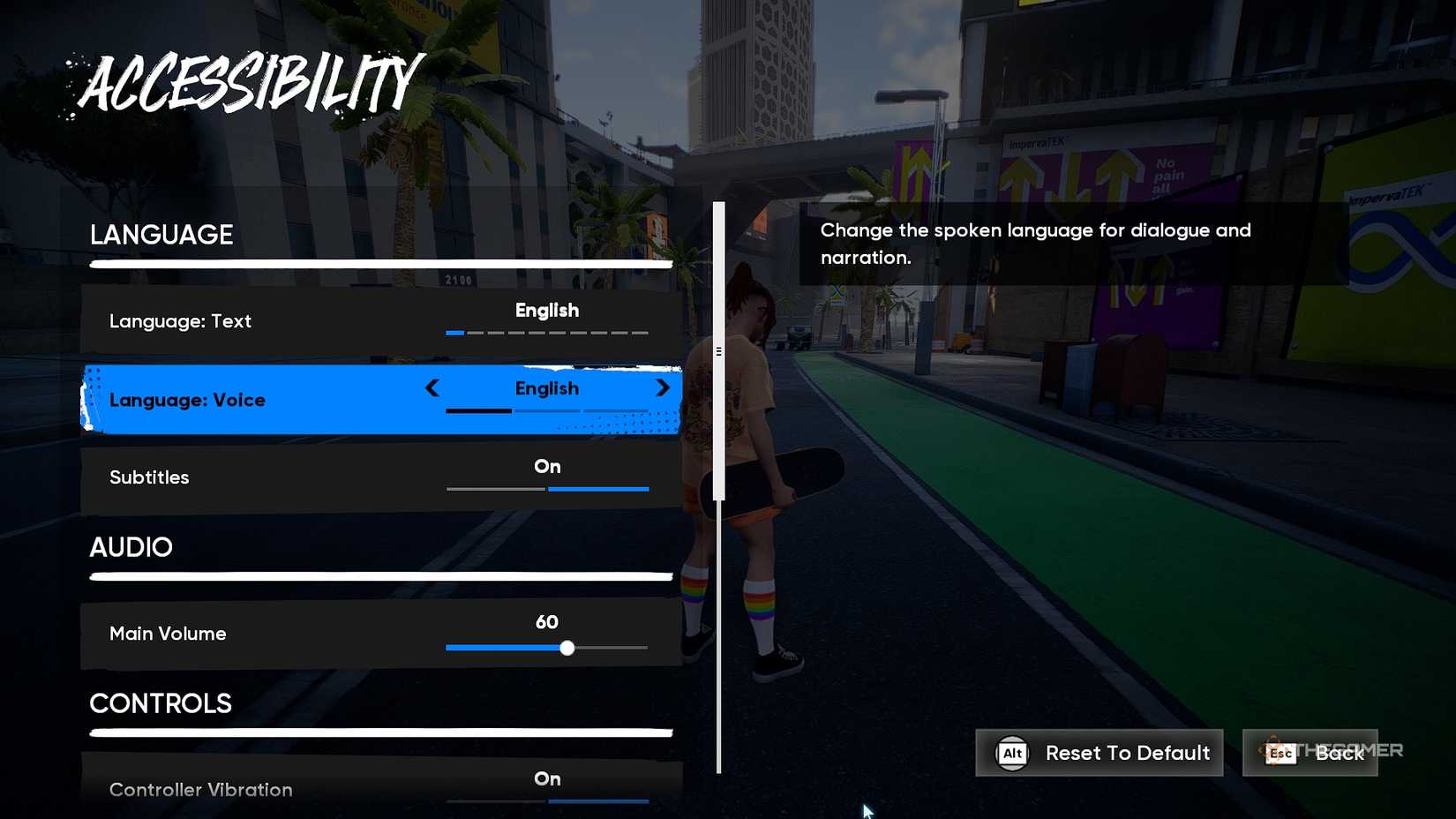 skate. Accessibility controls menu in the settings.