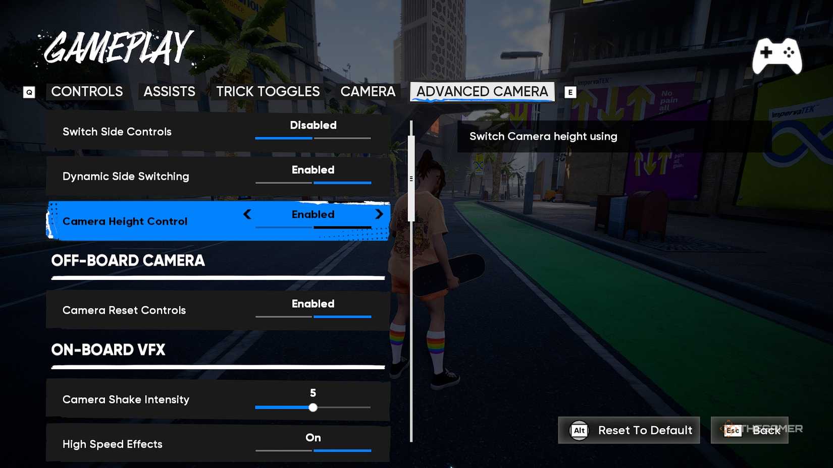 skate. Camera settings menu.