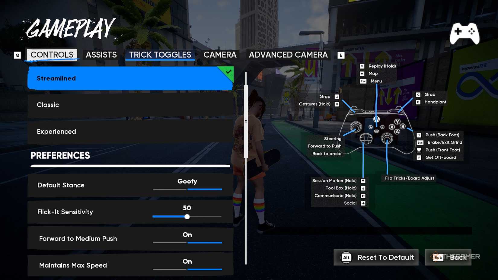 skate. Control settings menu.