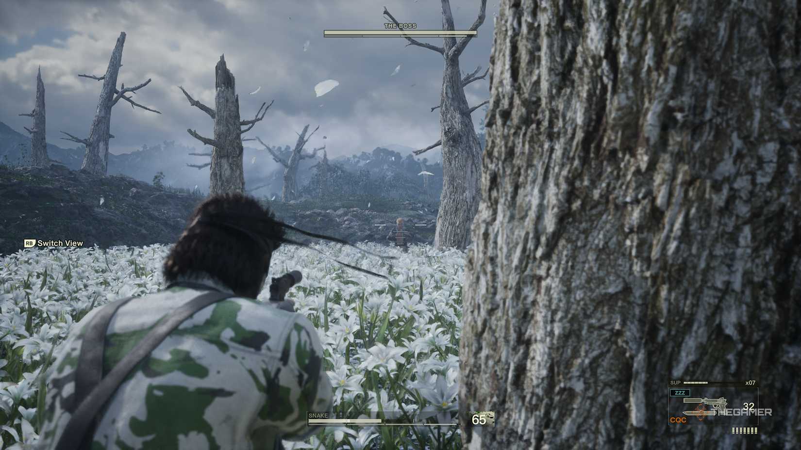 Snake aiming at The Boss in Metal Gear Solid Delta: Snake Eater.