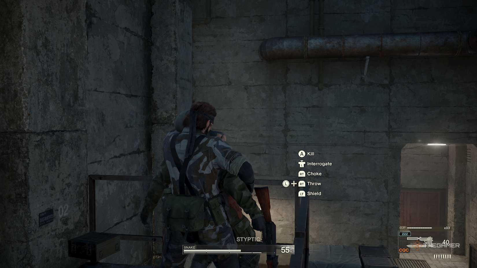 Snake holding a guy in Metal Gear Solid Delta Snake Eater.