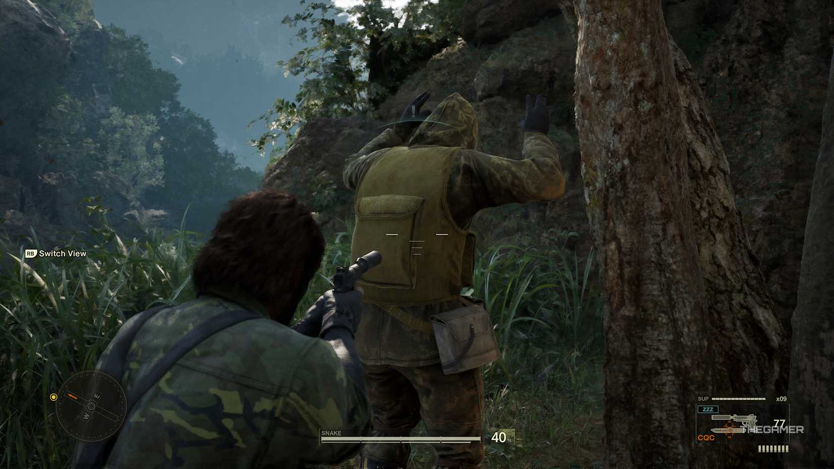 Snake holding an enemy up in Metal Gear Solid Delta Snake Eater.