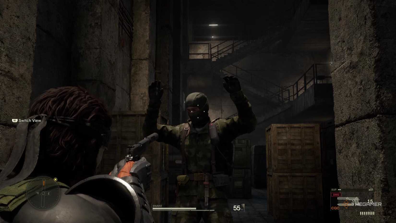Snake holds up an enemy in Metal Gear Solid Delta Snake Eater.