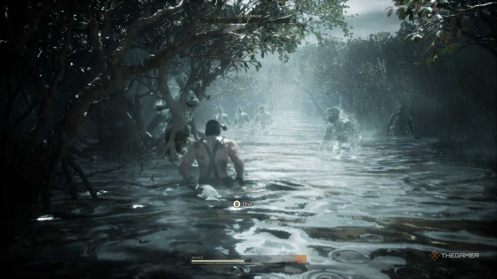 Snake in the water during the battle with The Sorrow, facing a bunch of ghostly figures in Metal Gear Solid Delta Snake Eater.