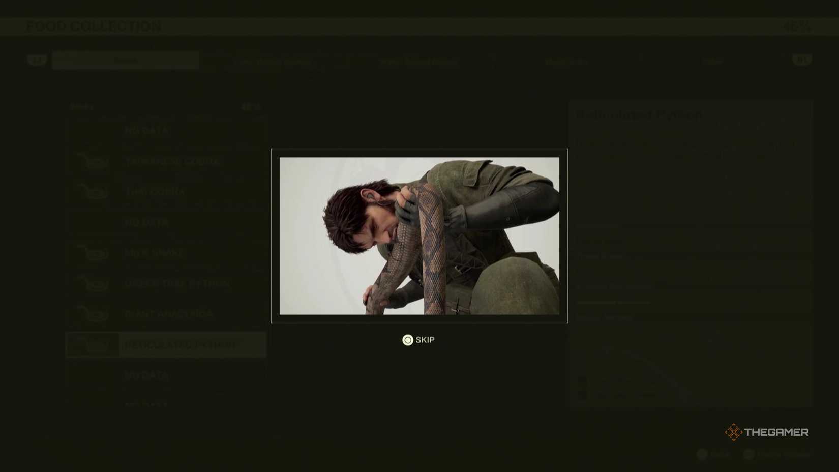 Snake (the man) biting into a snake (the snake) in Metal Gear Solid Delta Snake Eater.