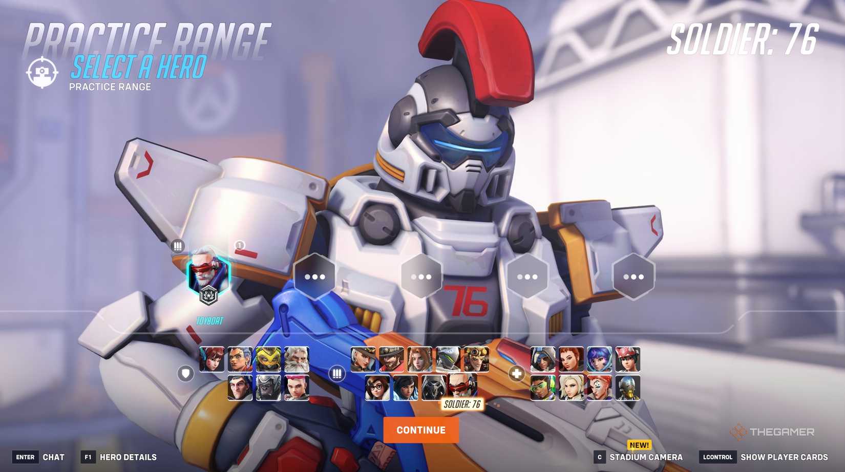 Soldier selected on screen in the Stadium practice range in Overwatch 2.