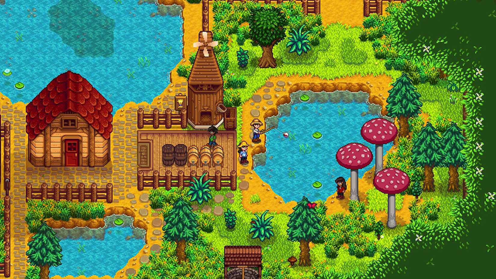 Stardew Valley riverlands farm plot screenshot showing multiple ponds, tall mushrooms, and a windmill plot