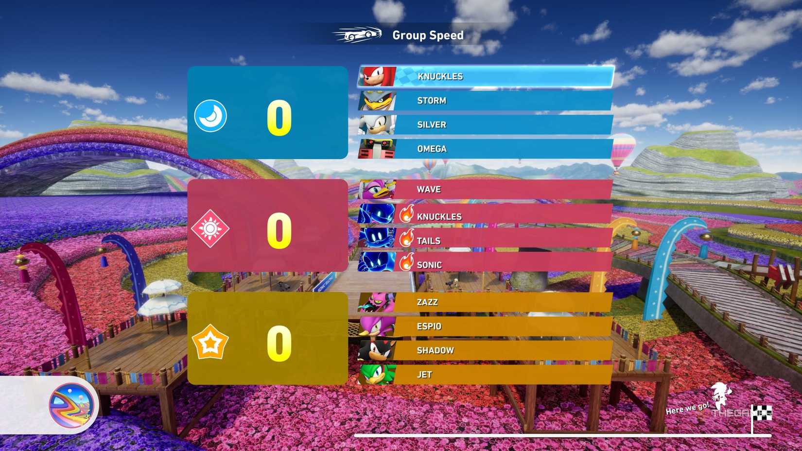 Starting a triple team game in Sonic Racing CrossRoads on Rainbow Garden.