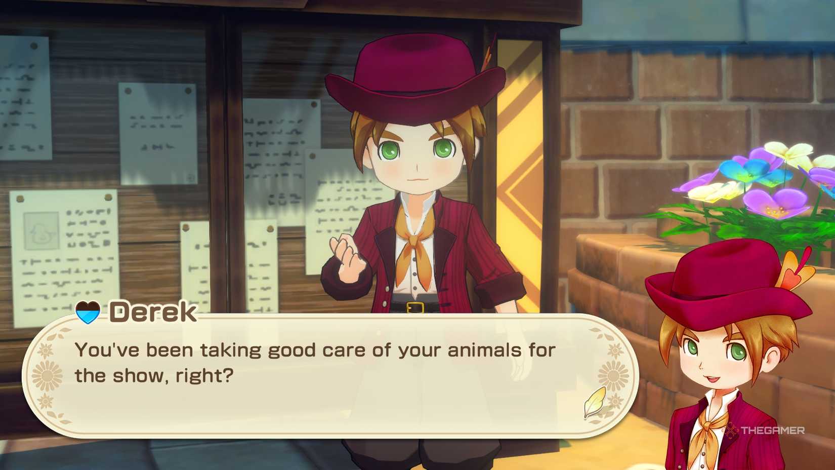 STORY OF SEASONS Grand Bazaar Derek asking about your farm animals by the request board.