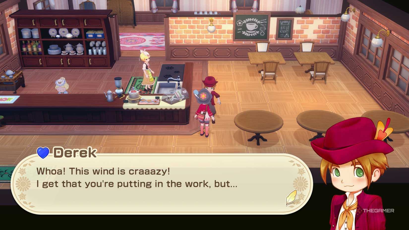 STORY OF SEASONS Grand Bazaar Derek surprised to see the farmer in a hurricane at the cafe.