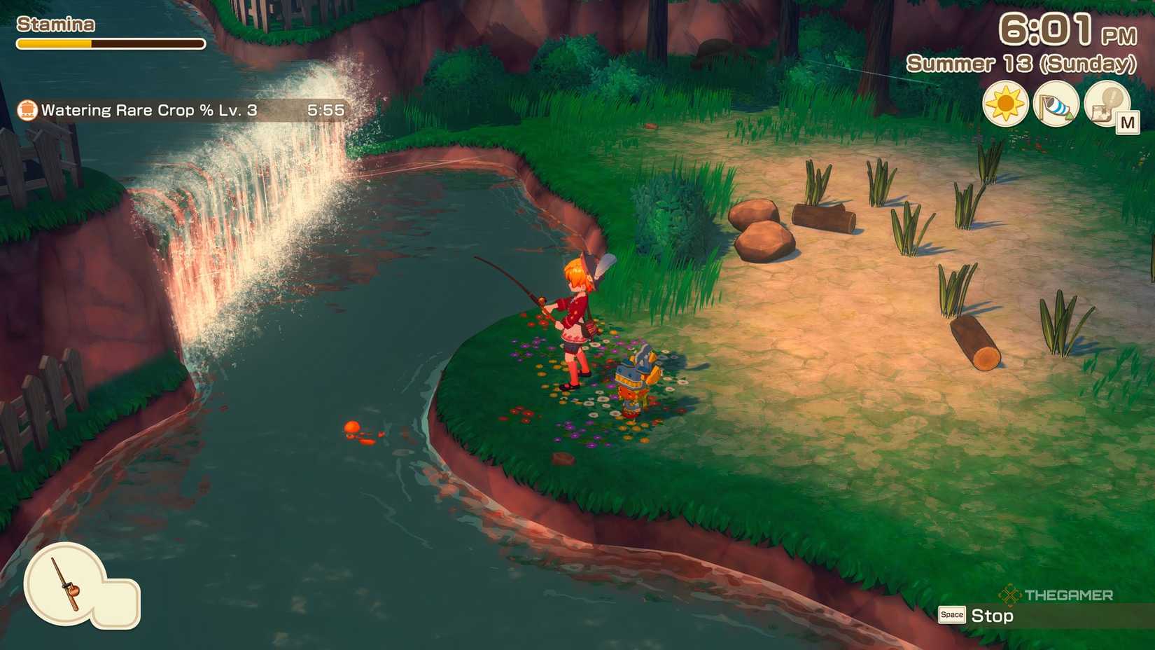 Fishing by the waterfall at dusk.
