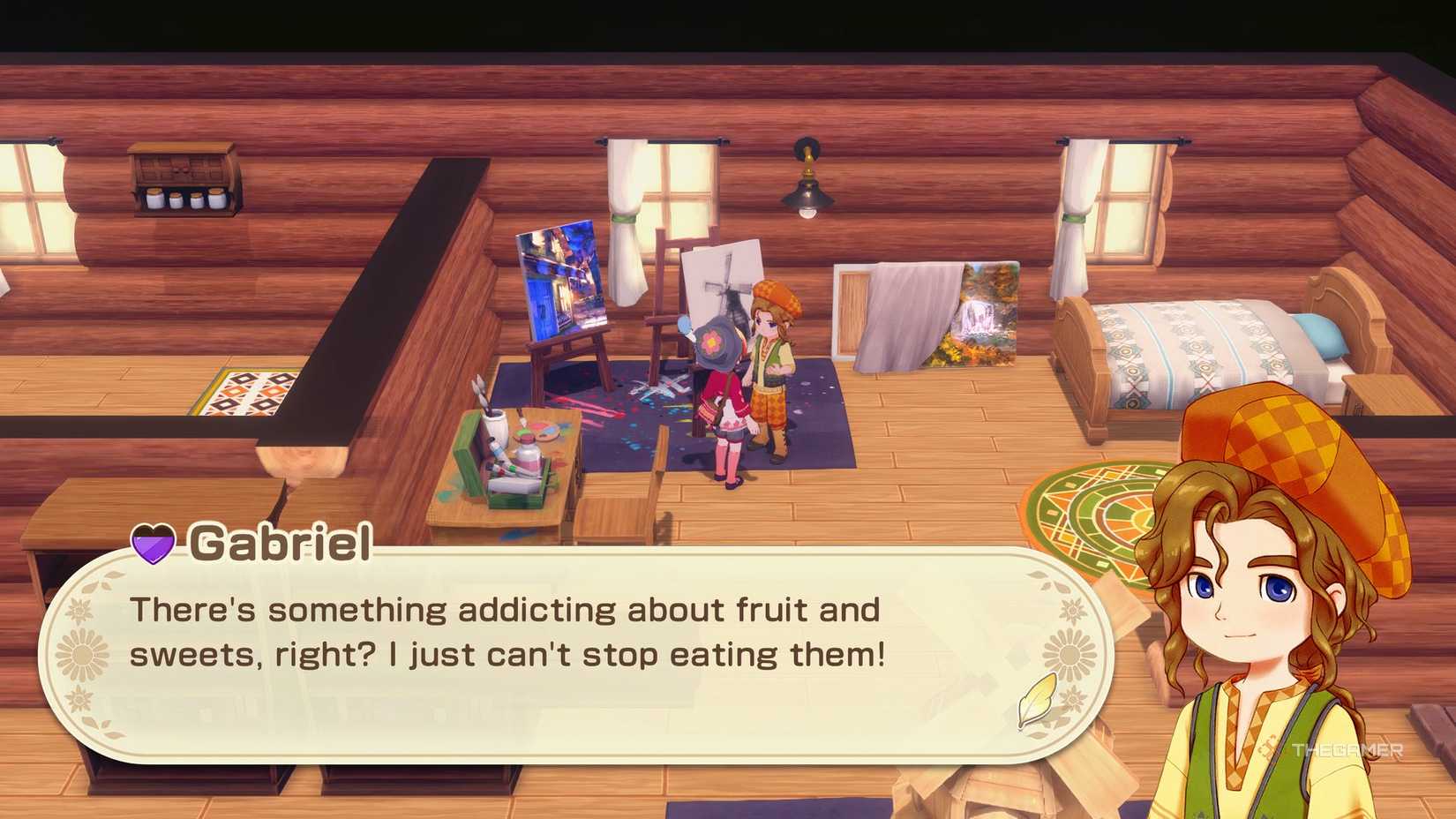 STORY OF SEASONS Grand Bazaar Gabriel at home painting, talking about how much he loves fruit.