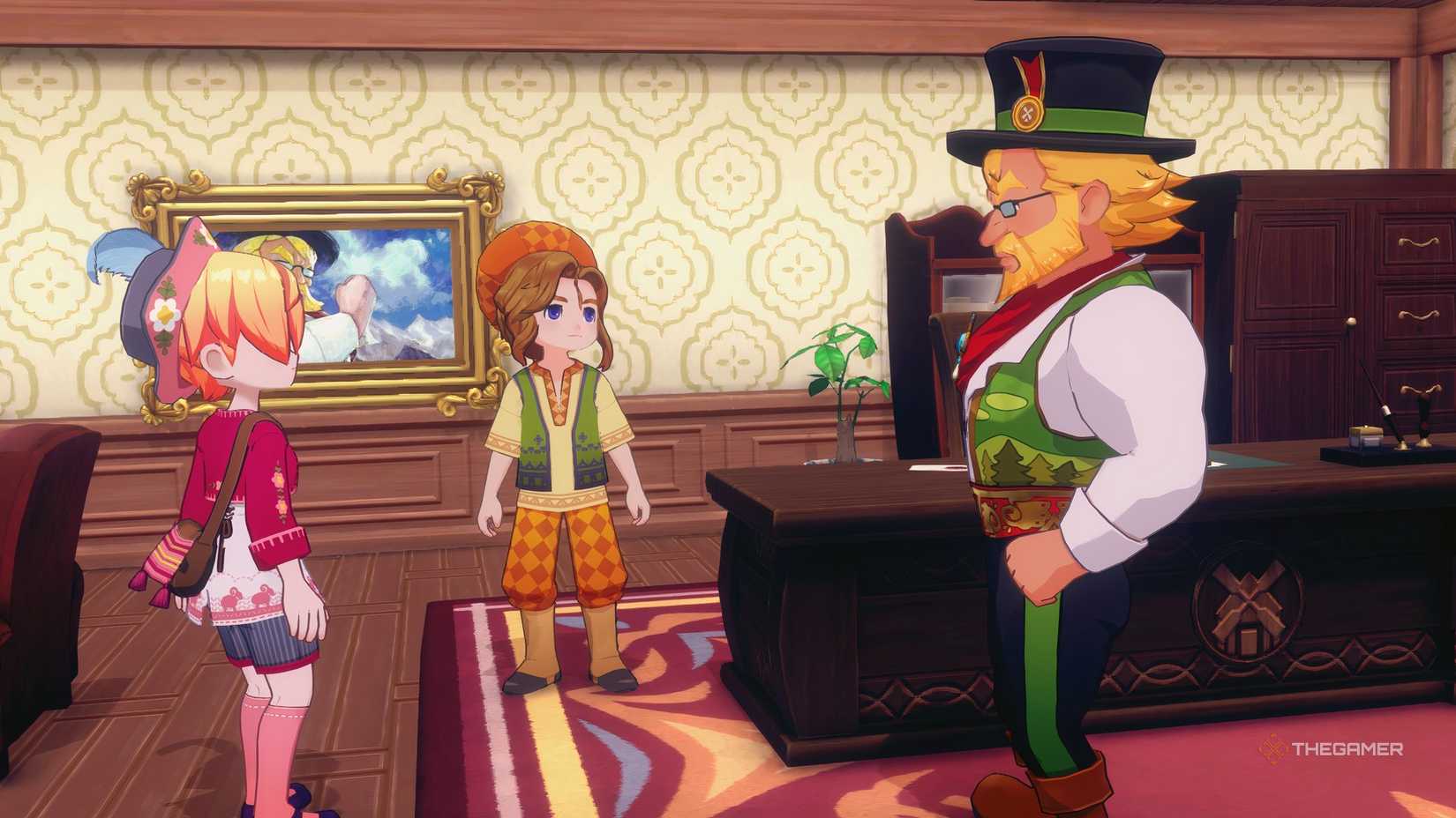 STORY OF SEASONS Grand Bazaar Gabriel with the mayor and the farmer in the mayor's office, in front of a portrait.