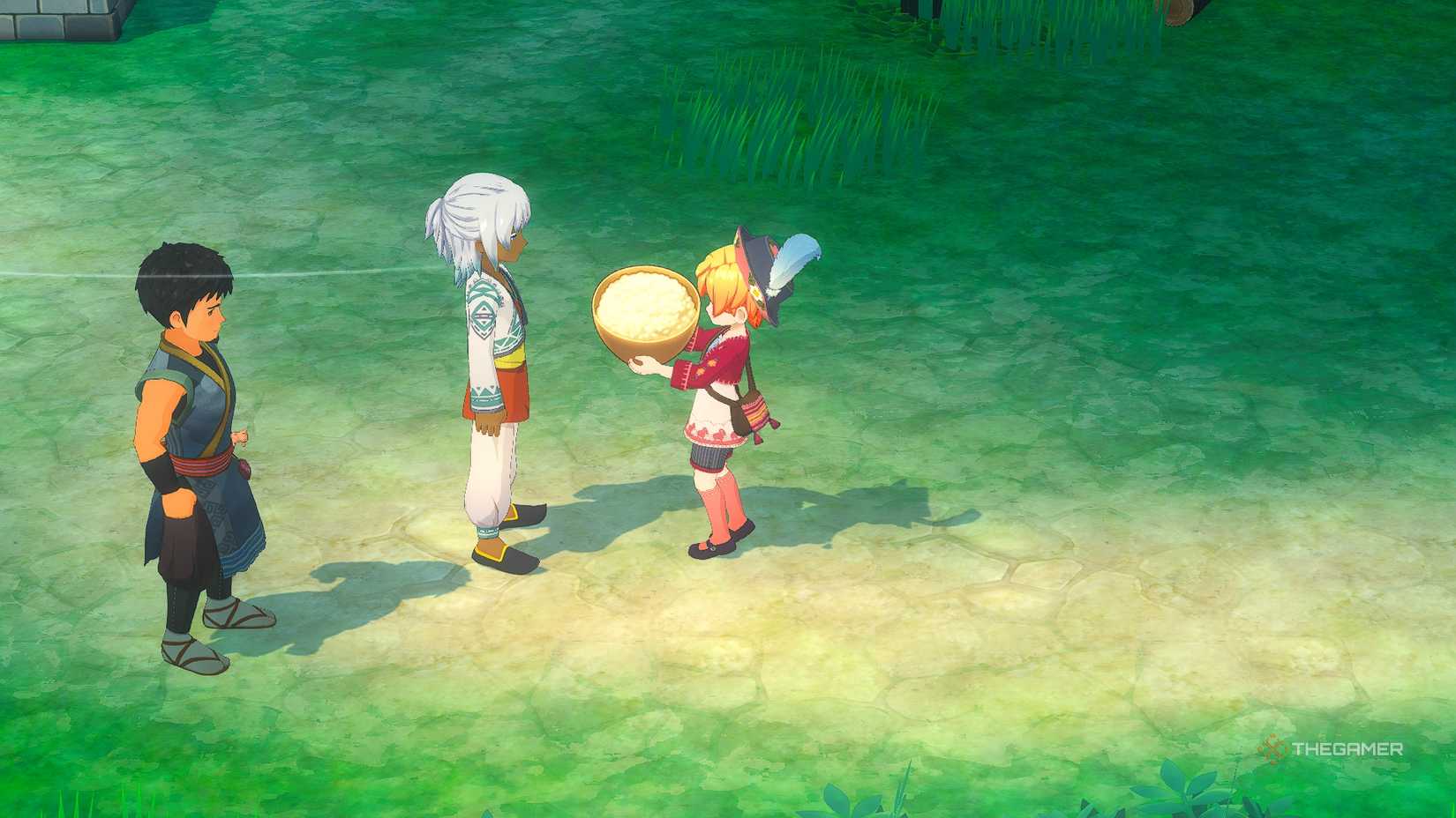 STORY OF SEASONS Grand Bazaar Gifting Samir a bowl of cooked rice at the equestrian park.