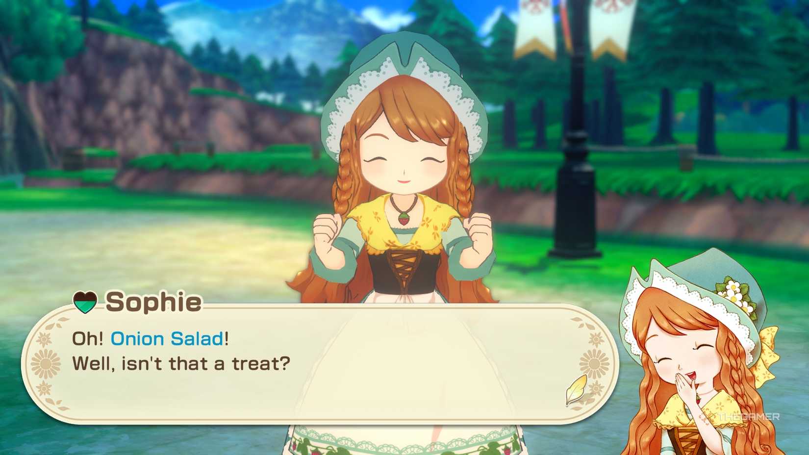 STORY OF SEASONS Grand Bazaar Gifting Sophie an onion salad and her thanking you.