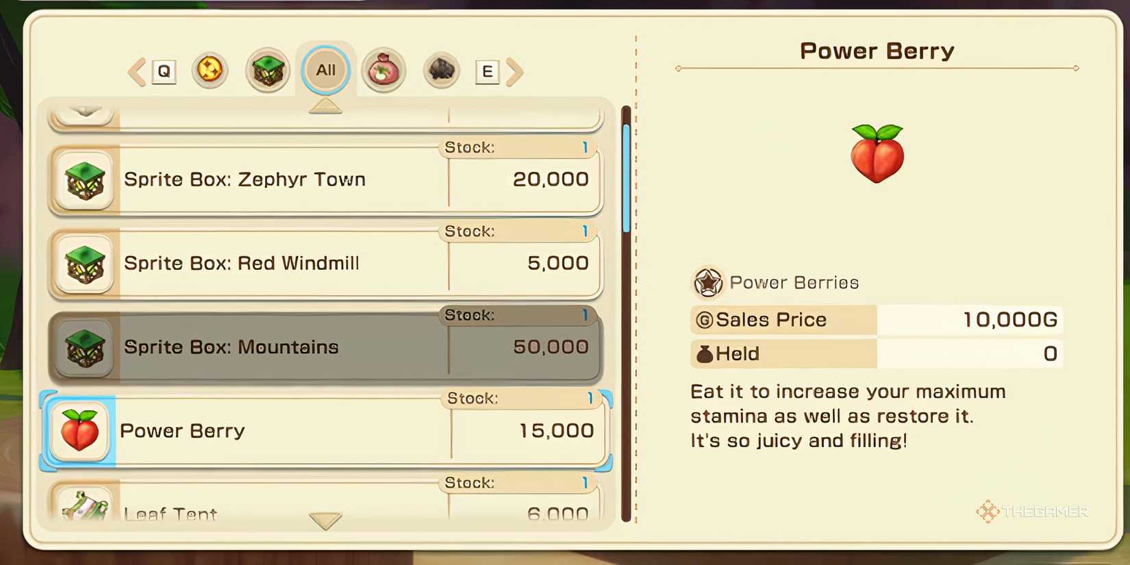 Story of Seasons Grand Bazaar Happy Shoppe menu of the Power Berry.