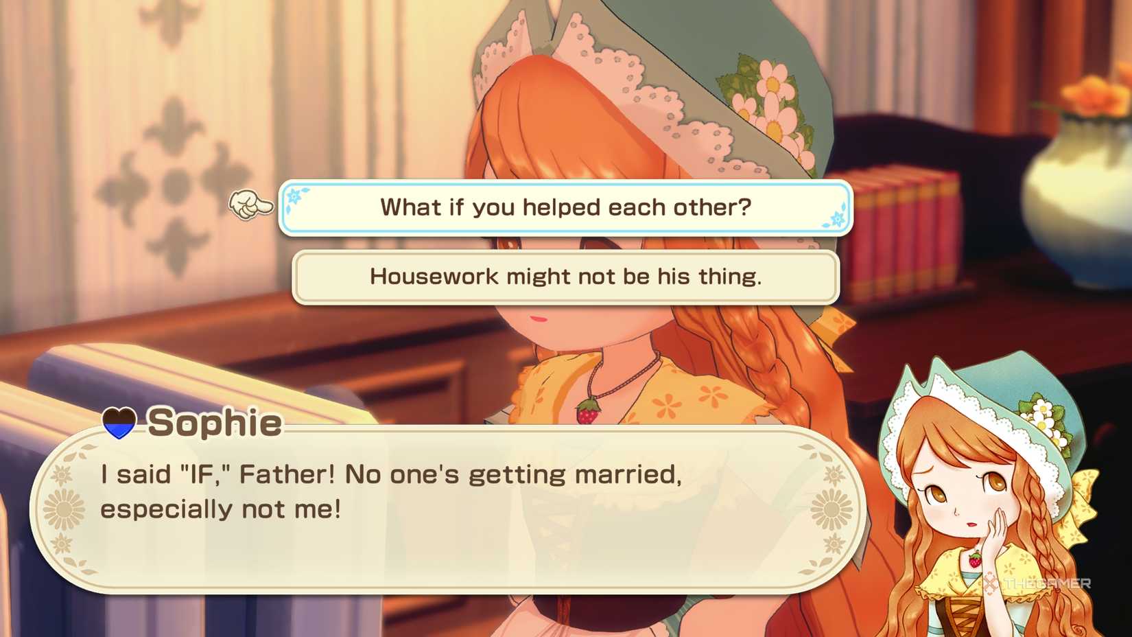 STORY OF SEASONS Grand Bazaar Sophie arguing with her father in the kitchen.
