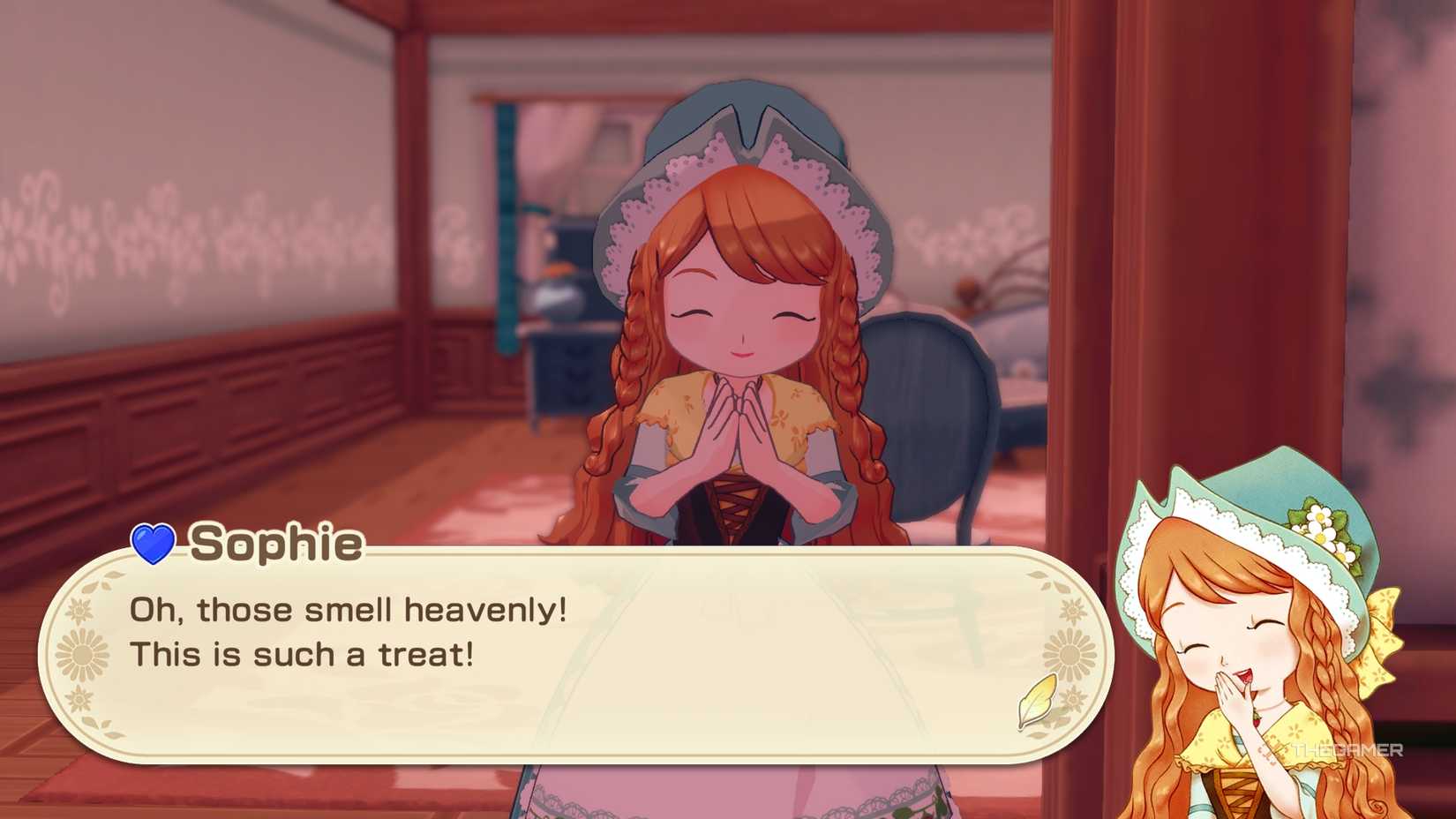 STORY OF SEASONS Grand Bazaar Sophie complimenting the smell of the herbs the farmer gifted her.