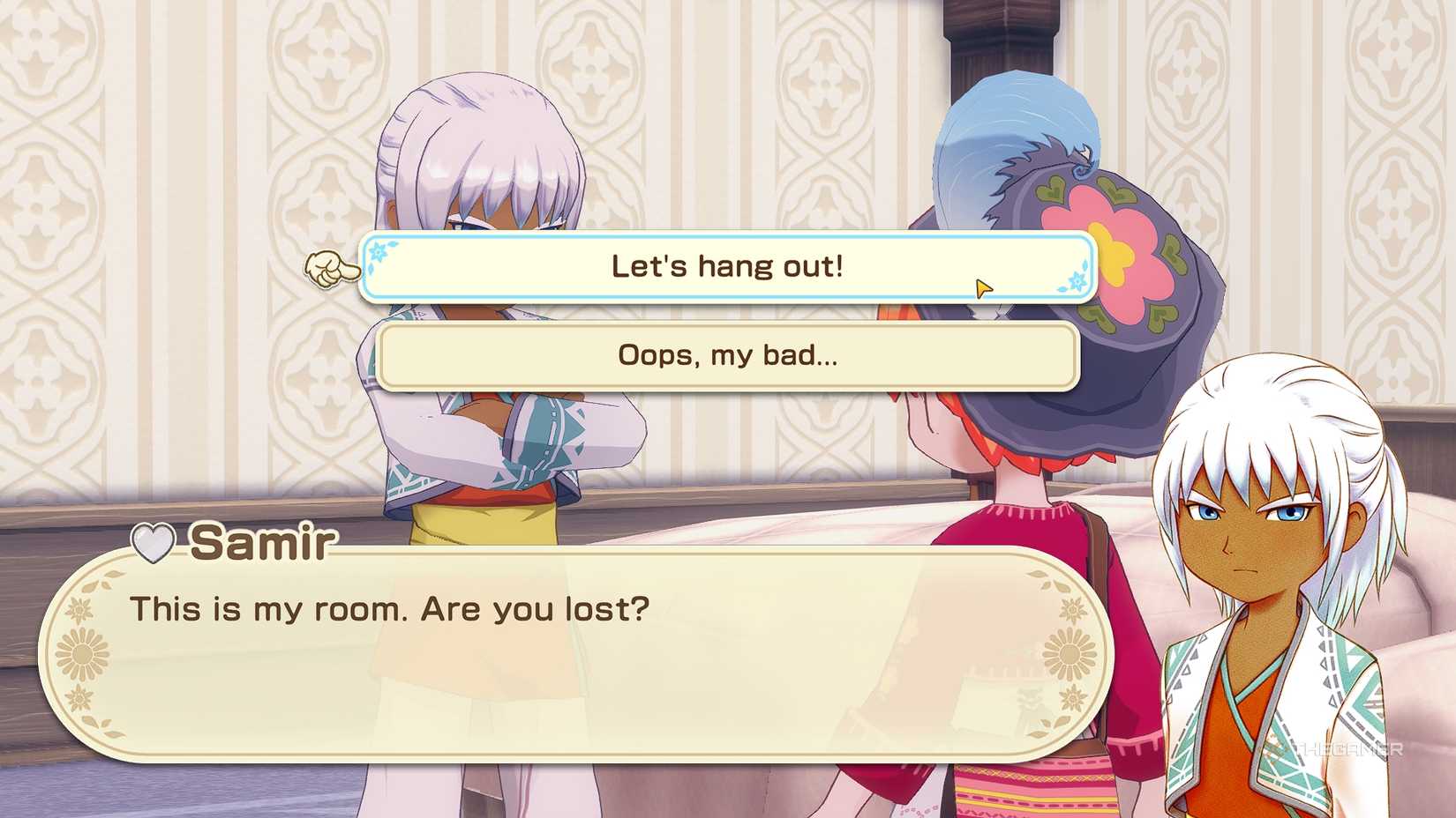 STORY OF SEASONS Grand Bazaar talking to Samir in his room with dialogue choices on screen.