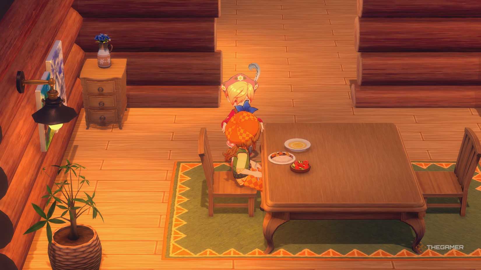 STORY OF SEASONS Grand Bazaar The Farmer giving Gabriel a flower at his table.