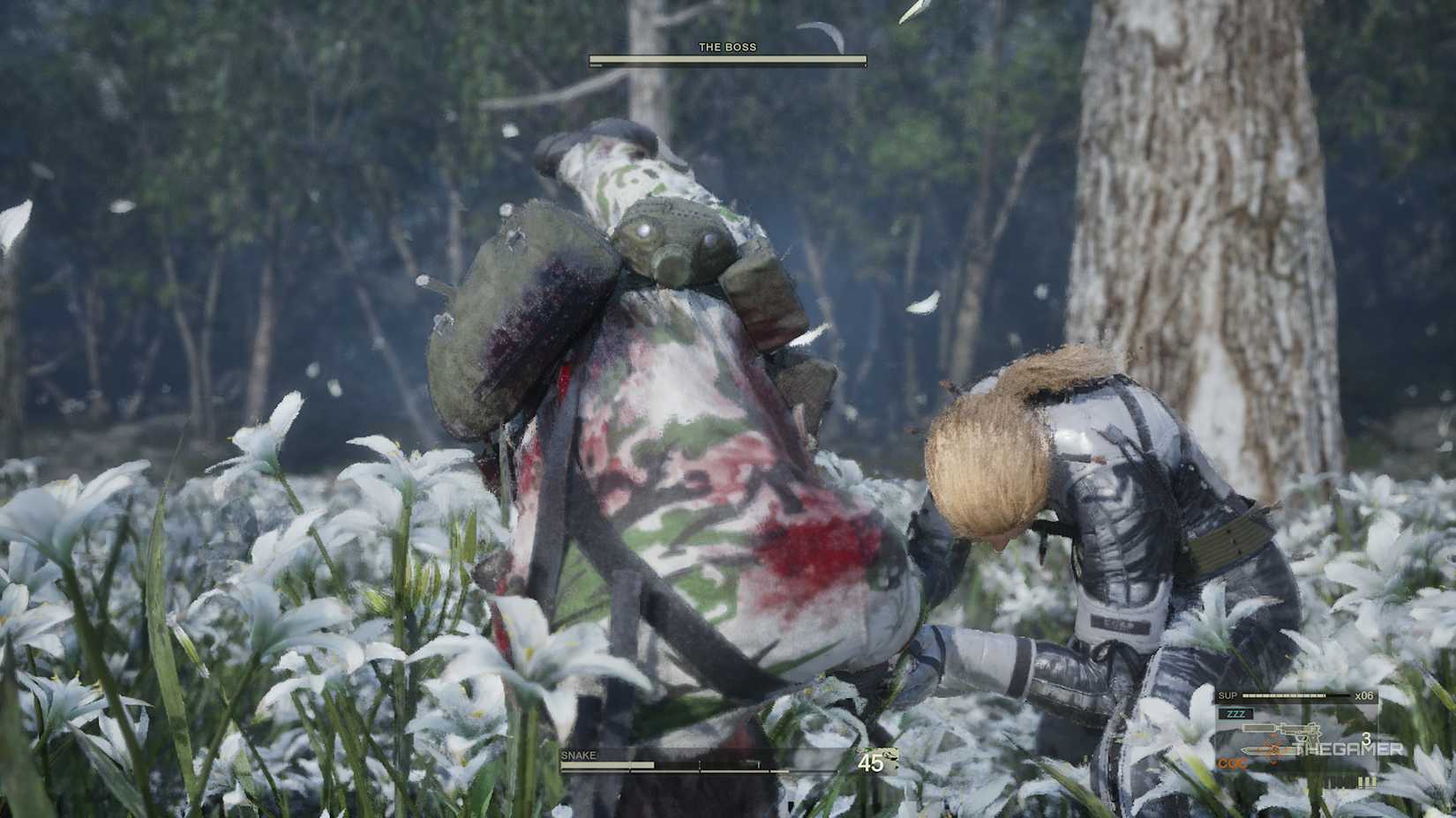 The Boss throwing Snake to the floor in Metal Gear Solid Delta: Snake Eater.