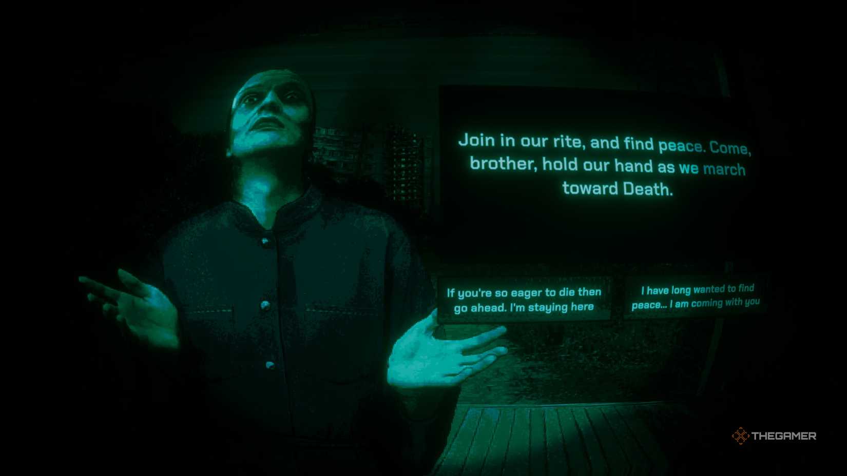 The Cult Leader asking you to join their ritual in No I'm Not a Human.
