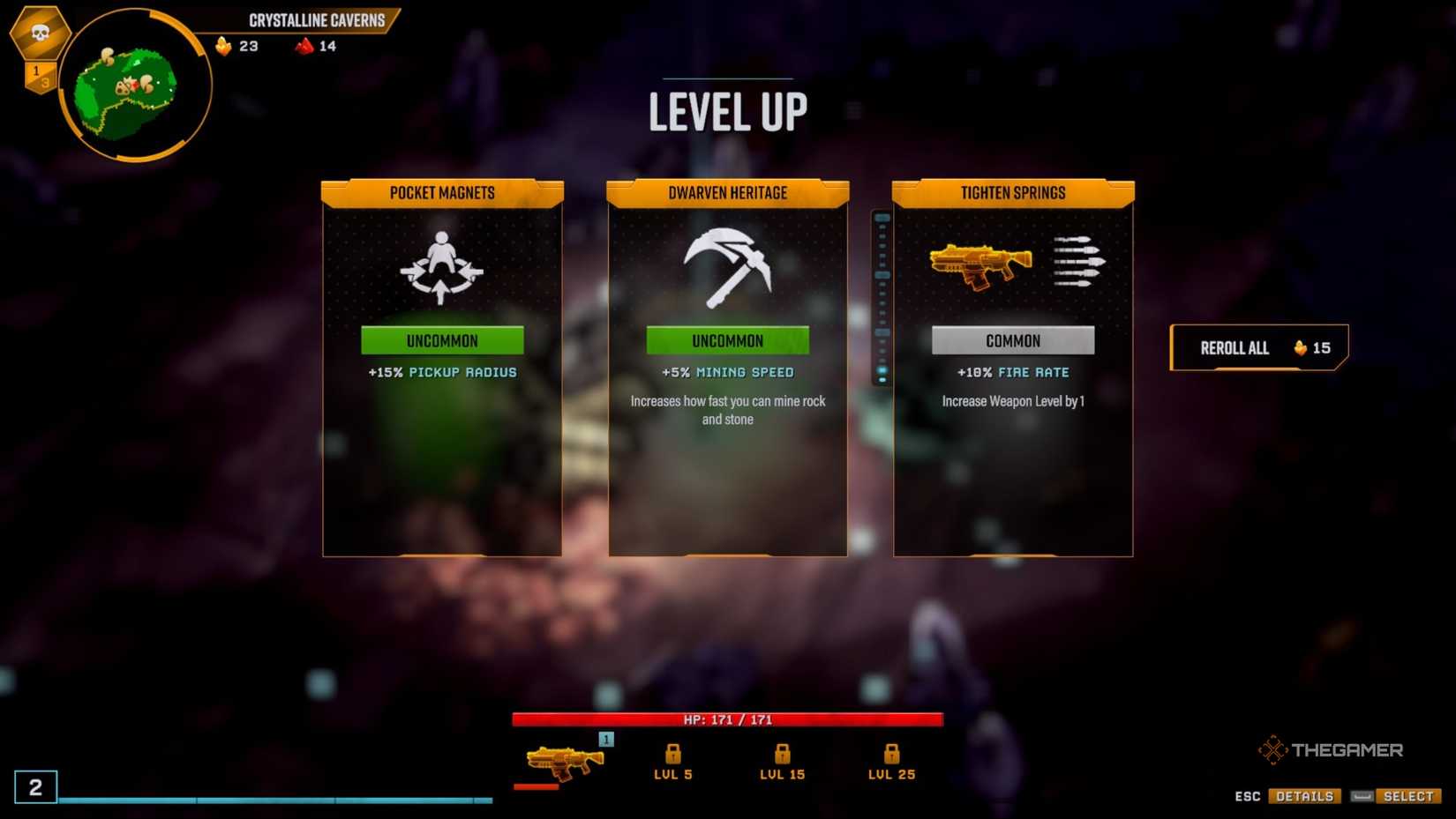 The level up choice screen in Deep Rock Galactic: Survivor