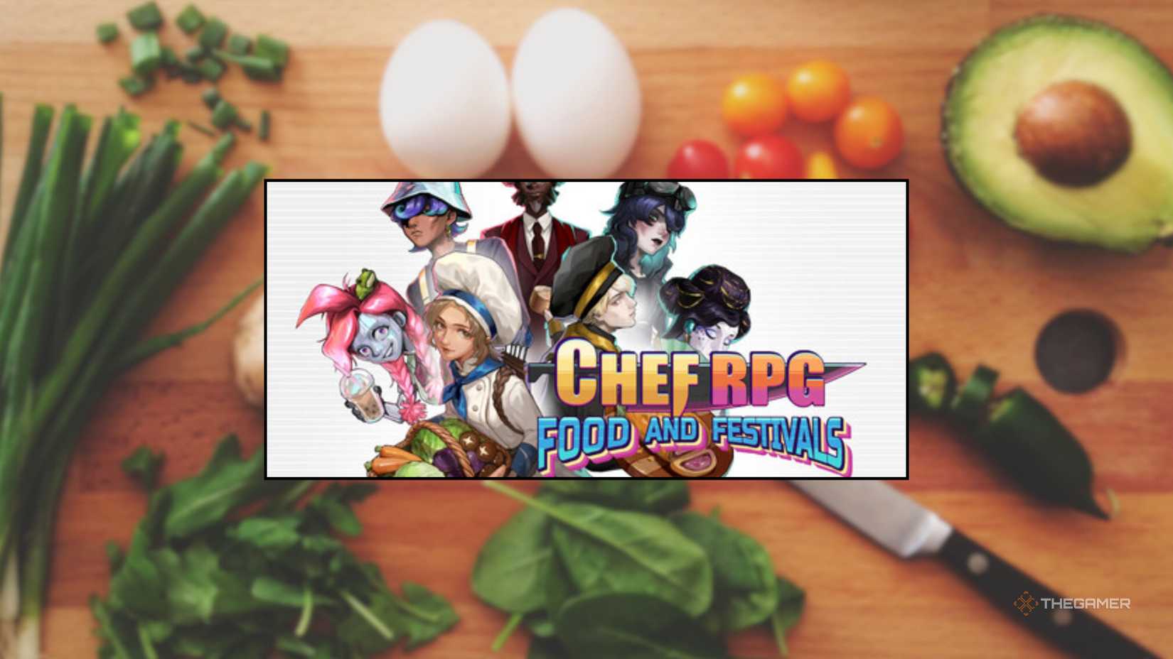 The logo for Chef RPG in front of a cutting board full of vegetables to cook with.