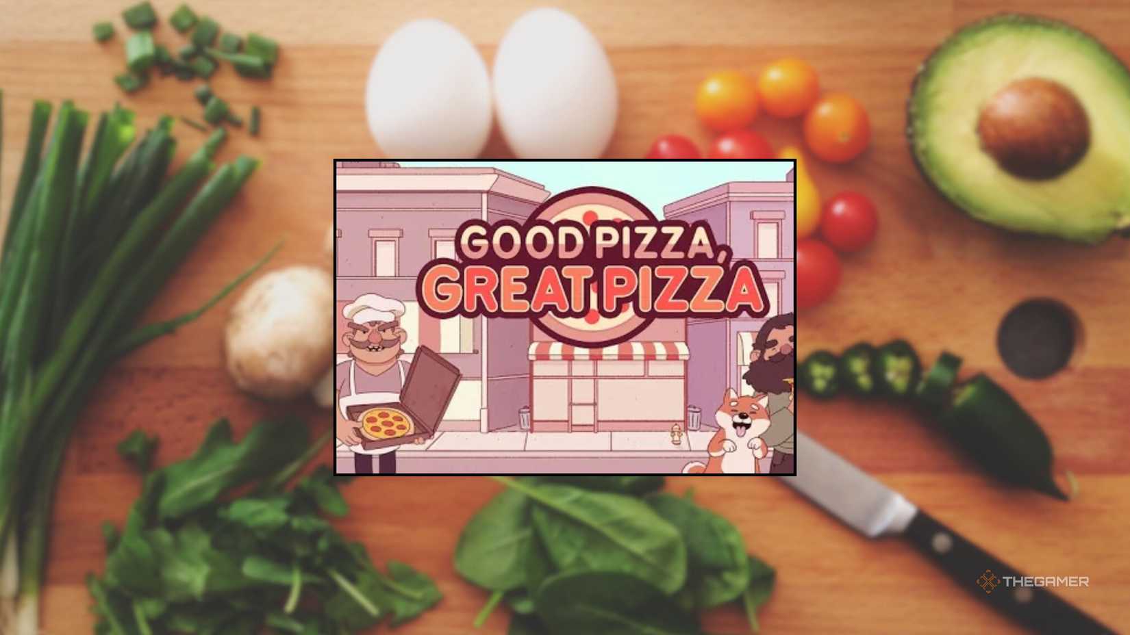 The logo for Good Pizza Great Pizza in front of a cutting board full of vegetables to cook with.