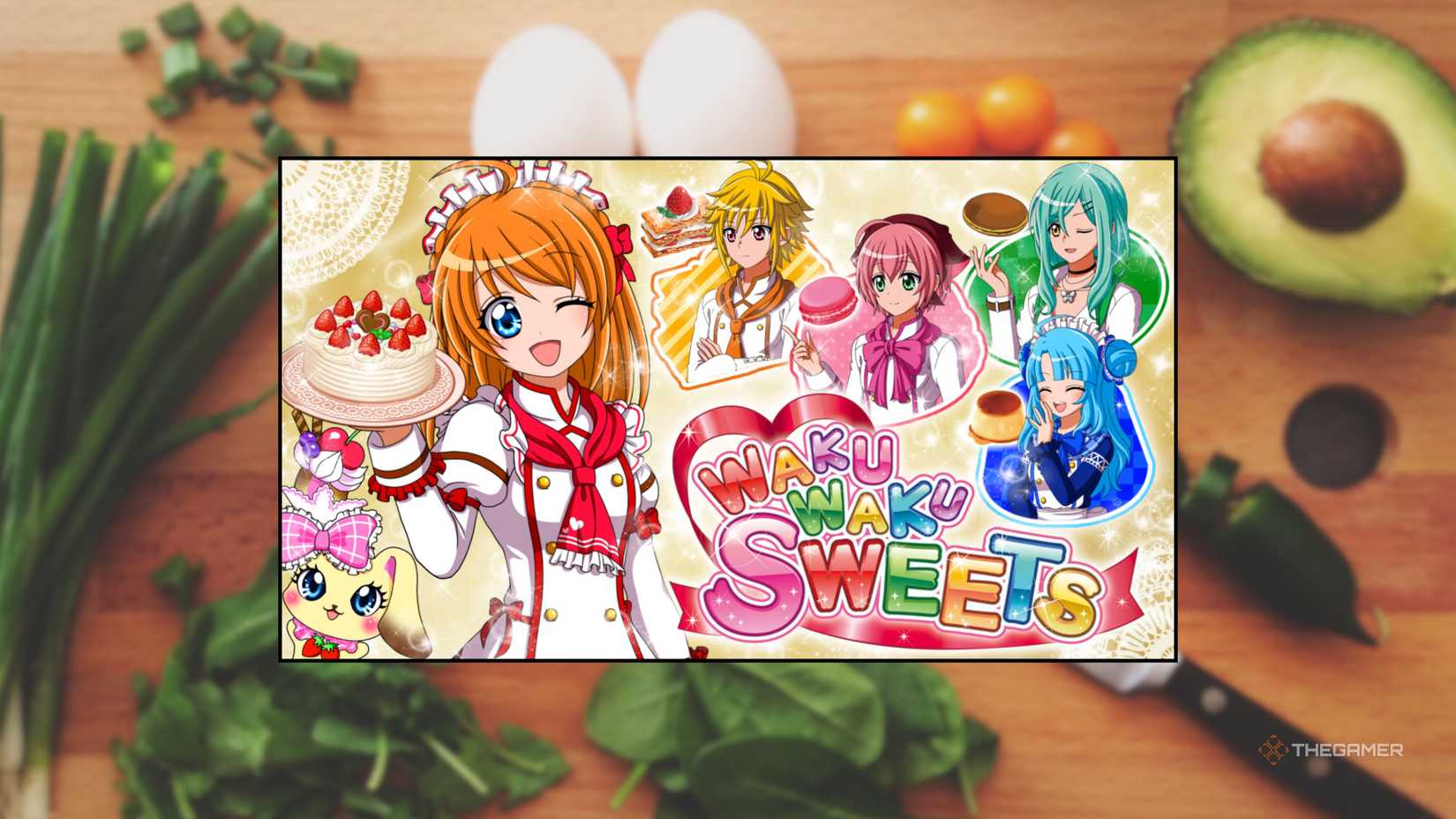 The logo for Waku Waku Sweets in front of a cutting board full of vegetables to cook with.