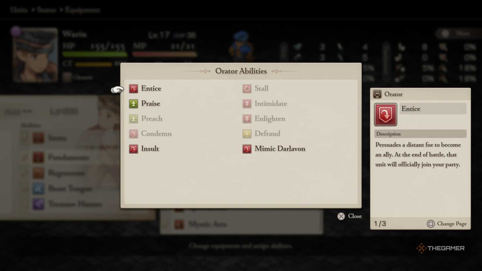 The Orator skill screen in Final Fantasy Tactics The Ivalice Chronicles.