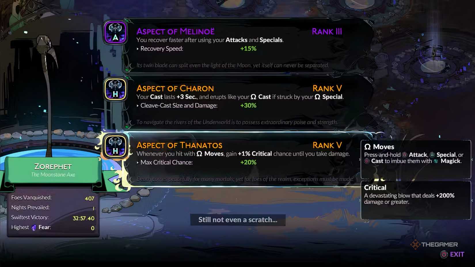 The weapon aspect menu in Hades 2.